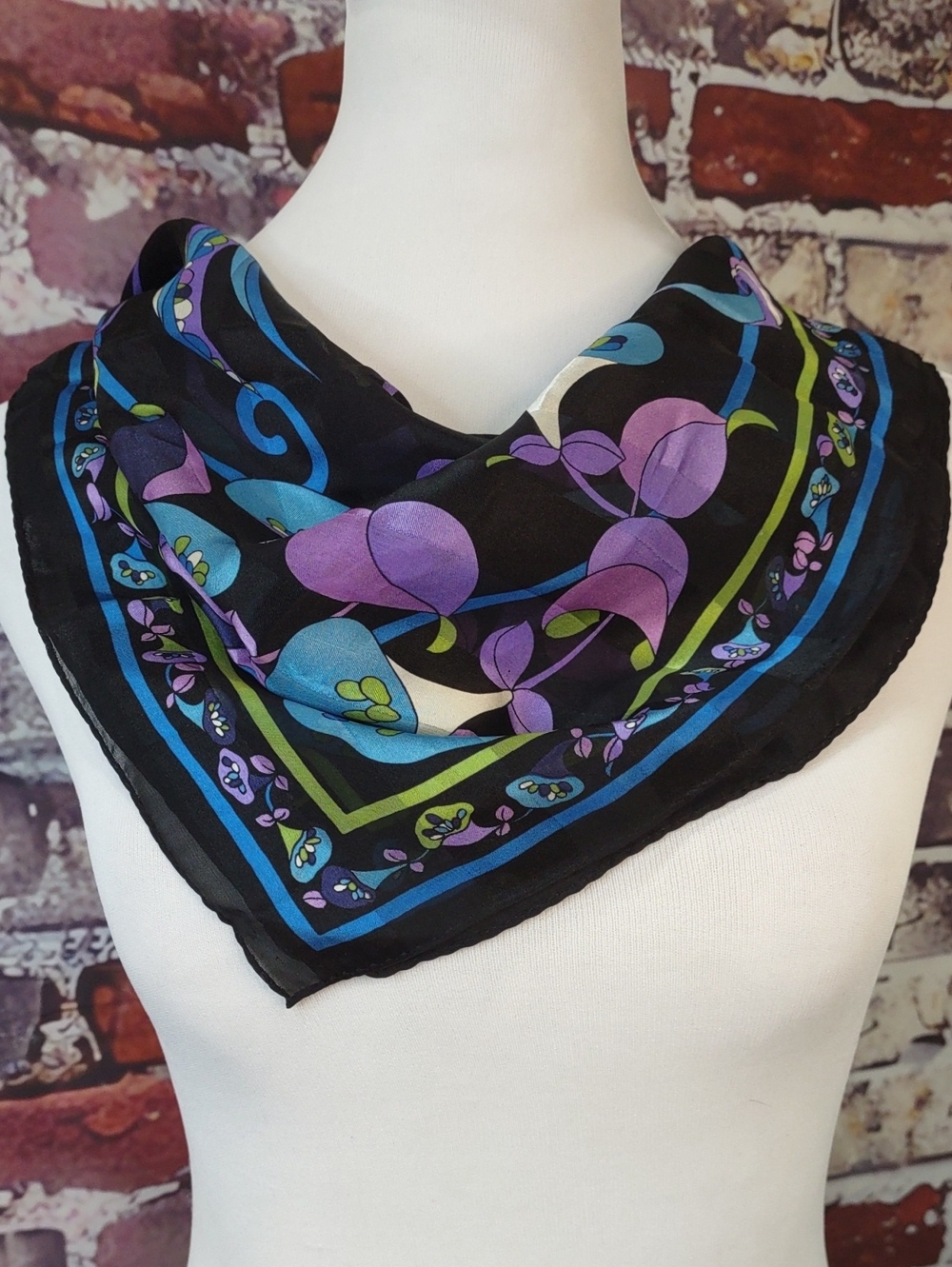 Elegant Black Floral Silky Polyester Scarf